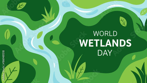 World Wetlands Day dynamic illustration showcasing abstract flowing green water amidst stylized leaves, representing a healthy and vibrant wetland ecosystem.