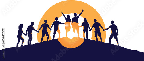 Group of people standing on hill with arms raised in celebration at sunset