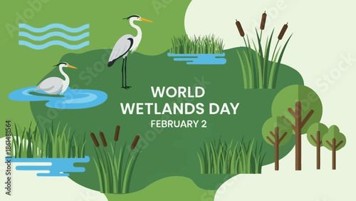 World Wetlands Day illustration featuring two herons in a calm pond with cattails and stylized trees in a vibrant green landscape.