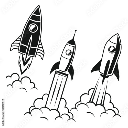 Black and white rocket ship icons set for design