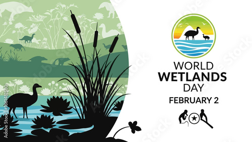 World Wetlands Day illustration with silhouetted heron, deer, and flying birds in a vibrant wetland landscape against a gradient sky.