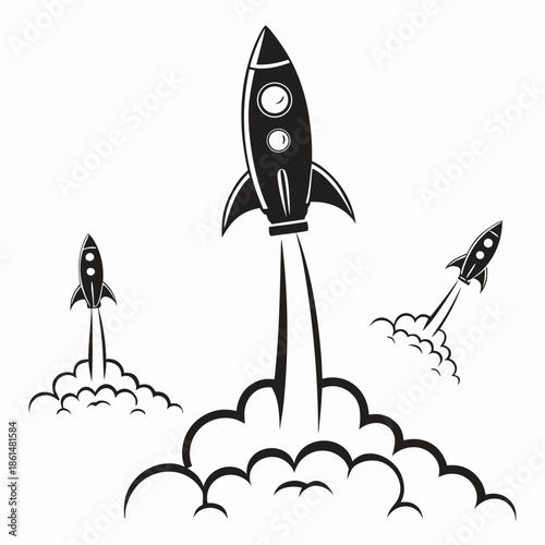 Black and white rocket ship icons set for design