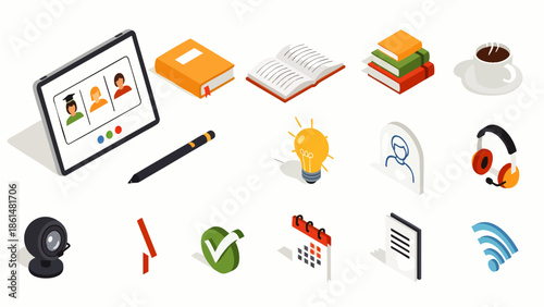 Isometric Icons Set for Online Learning and Remote Work: Tablet, Books, Webcam, Headphones, Wi-Fi, Calendar, Lightbulb