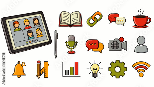 Collection of flat design icons for online communication, education, and business on a white background