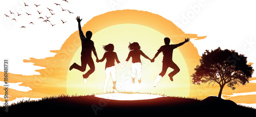 Silhouette of happy family jumping together at sunset with tree and birds flying