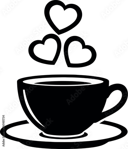 Black and white illustration of a cup of coffee with hearts rising from it on a plain