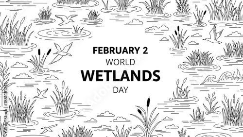 Black and White Seamless Pattern of Wetland with Ducks, Birds, and Aquatic Plants, World Wetlands Day, isolated white background.