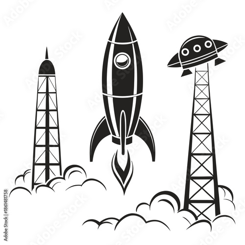 Black and white rocket ship icons set for design
