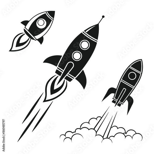 Black and white rocket ship icons set for design
