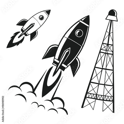 Black and white rocket ship icons set for design