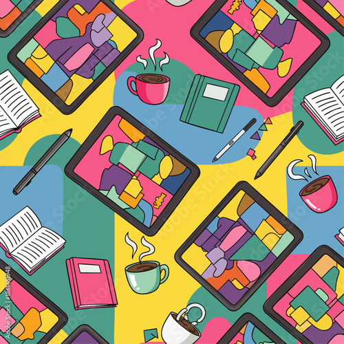 Seamless pattern of tablets with abstract art, books, pens, and coffee cups, vibrant colors, modern design
