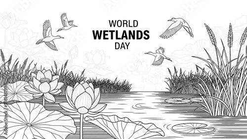 World Wetlands Day Black and White Outline with Flying Ducks and Water Lilies on a White Background for Coloring