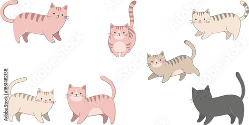 Cute cartoon cats in various poses and colors pink beige 1