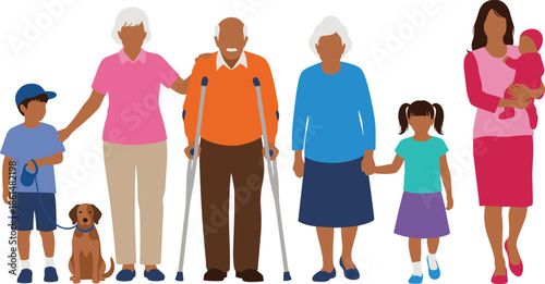 Diverse family members of different ages with dog people children adults senior