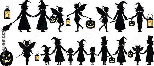 Halloween silhouettes of children in costumes holding hands with witches and fairies