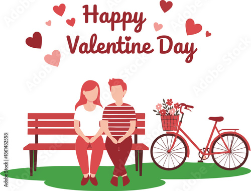 Happy Valentine's Day couple sitting on bench with bicycle and flowers valentines day