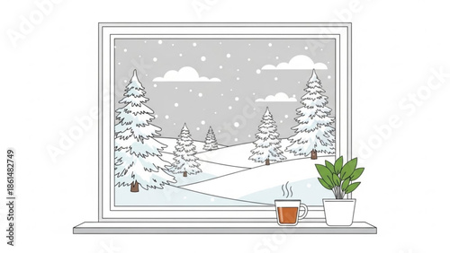 Cozy winter scene outside window with snowy trees and steaming cup of coffee