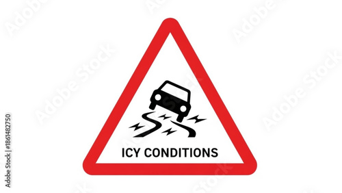 Warning sign for icy road conditions with a car losing traction