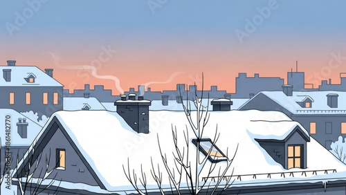Snowy cityscape at sunset with cozy homes and bare trees