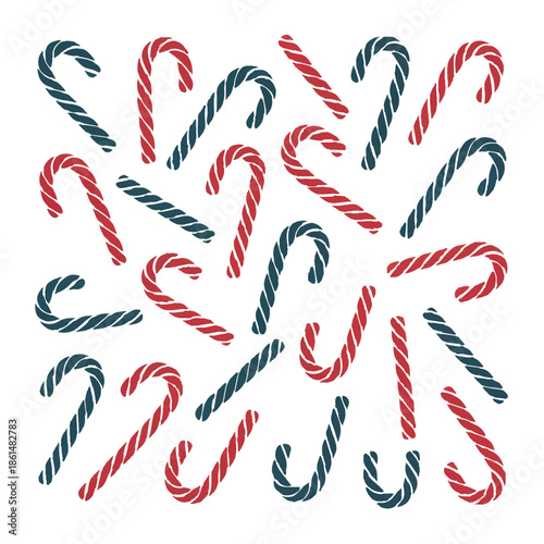 Vibrant candy canes in red and blue on white background for Christmas