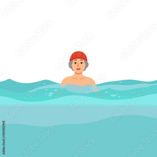 Elderly woman swimming happily in water with a red swimming cap. Elderly set