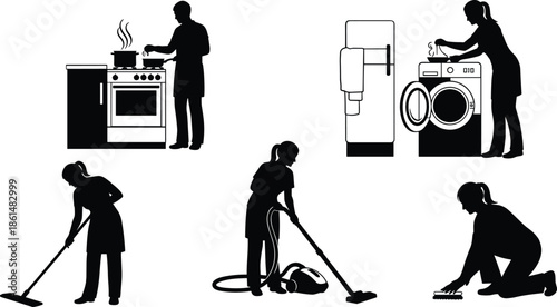 Silhouettes of people doing household chores cleaning cooking 1 laundry