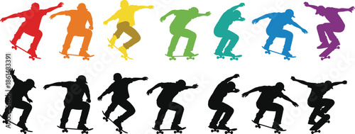 Skateboarders in various colorful silhouettes performing tricks rainbow 2