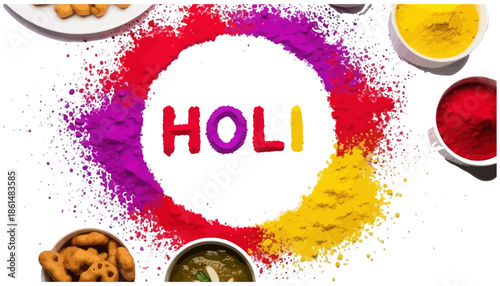 A vibrant and colorful depiction of the Hindu festival Holi with powder and traditional snacks.