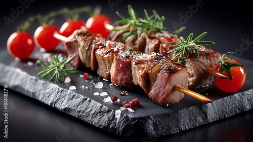 Traditional Arrosticini skewers served on a slate board, accompanied by fresh herbs and cherry tomatoes, creating an appetizing and visually appealing culinary advertisement.