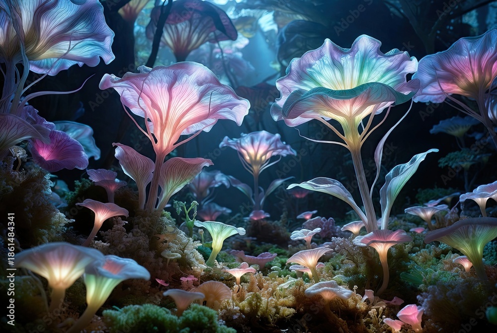 Naklejka premium Bioluminescent alien flora in a mystical forest, glowing neon flowers with translucent petals, magical fantasy garden landscape with ethereal light