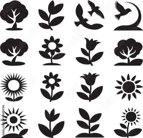 Collection of simple black silhouette illustrations featuring trees flowers and birds