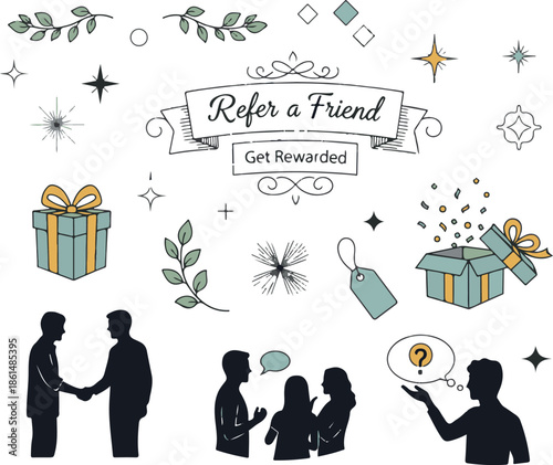 Refer a Friend Marketing Elements Set with Gift Boxes, Silhouettes, and Decorative Icons