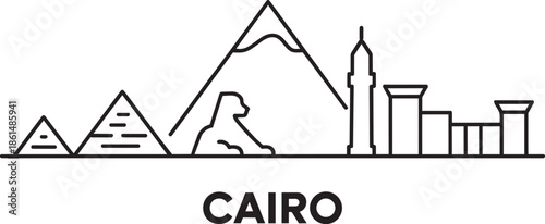 Cairo egypt city line art skyline showing pyramids sphinx and modern structures