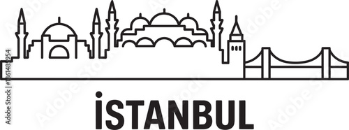Istanbul turkey city skyline line drawing featuring mosques and large suspension bridge