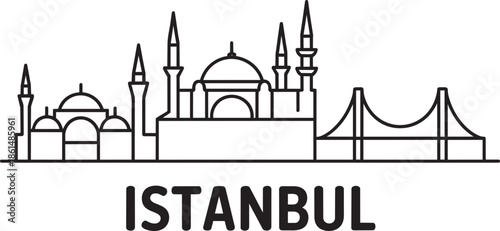 Istanbul turkey cityscape line icon featuring minarets grand dome and suspension bridge