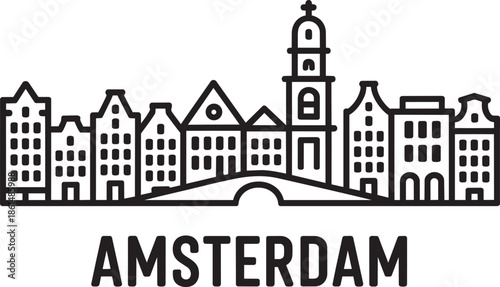 Line art silhouette skyline of famous amsterdam city landmarks with bridge and houses