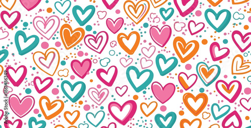 Vibrant hearts in pink, orange, and teal on white background.