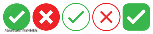 Right and wrong vector icon set rounded color black outline, flat rounded check mark, cross, x mark, circle shape thin line tick mark symbol. Approval and rejection signs isolated on white background