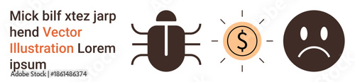 Cybersecurity, financial security, digital threats, malware effects, online safety, economic loss. A bug, coin and a sad face cyber threats and financial risks. Cybersecurity and financial security