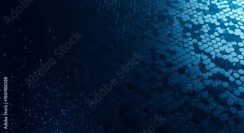 Futuristic blue hexagonal architecture with glowing particles for cybersecurity background