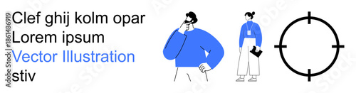 Business strategy, decision-making, workplace design, corporate goals, team management, employee focus. Two people in professional attire with target graphic. Business strategy and decision-making