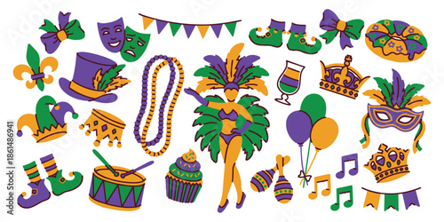 Mardi Gras. Vibrant set of items for carnival party celebration. Collection includes parade dancer, jester hat, beads and crowns in traditional purple, green and gold colors.