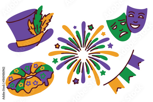Mardi Gras. Decorative holiday icons for Fat Tuesday party. Set of jester hat, royal crown, purple bow, cocktail glass and fleur de lis element for festive celebration.