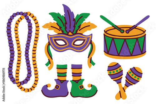 Mardi Gras. Collection of holiday symbols for festive event. Set includes masquerade mask, purple beads, jester boots, musical drum and maracas for carnival atmosphere.