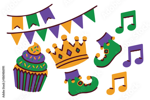 Mardi Gras. Set of diverse items for holiday celebration. Collection includes carnival crown, masquerade glasses, festive cupcake, jester boots, musical notes and banner.