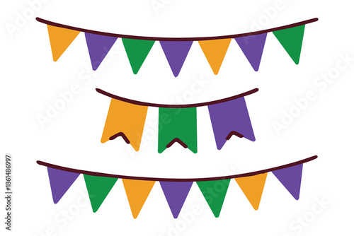 Mardi Gras. Three types of colorful garlands for holiday decoration. Collection of purple, green and gold triangular banners for carnival party and interior design.