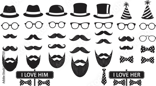 Black and white booth props hats glasses 1 mustaches beards