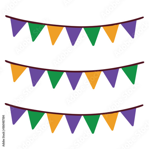 Mardi Gras. Decorative triangular flags in purple, green, and gold colors used for carnival street parties and holiday room decoration.