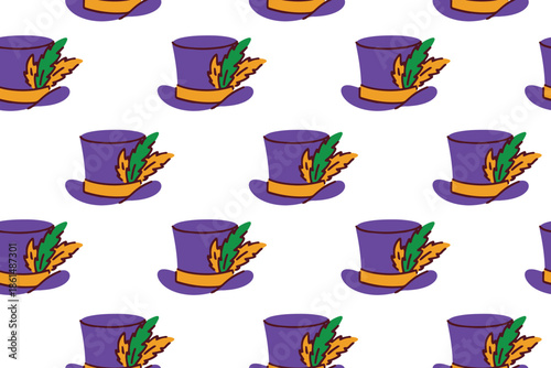 Mardi Gras. Endless holiday texture showing purple top hats with feathers and gold ribbons. Sophisticated carnival headwear design for party invitations festive textiles and gift packaging.