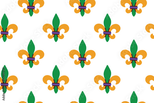 Mardi Gras. Endless background featuring traditional tricolor fleur de lis symbols. Iconic heritage texture for New Orleans style textiles carnival party decor and holiday branding